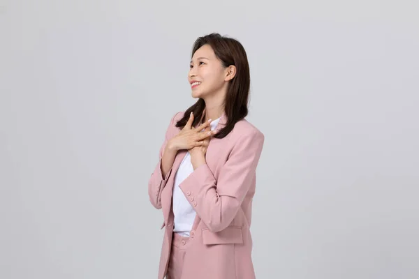 Business Concept Korean Young Woman Thankful Studio Shot — Stock Photo, Image