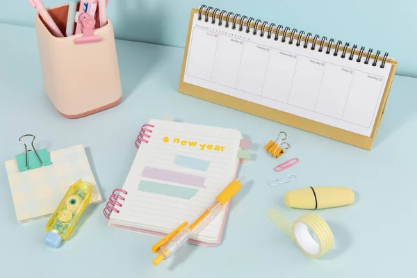 School Supplies Diary Concept Desk Preparing New Semester — Stock Photo, Image