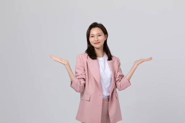 Business Concept Korean Young Woman Gesture Studio Shot — Stock Photo, Image
