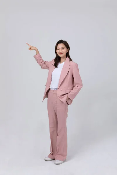 Business Concept Korean Young Woman Doing Hand Motion Studio Shot — Stock Photo, Image