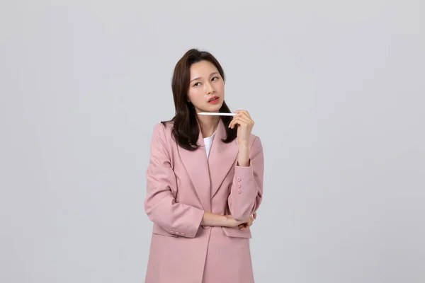 Business Concept Korean Young Woman Worrying Studio Shot — Stock Photo, Image