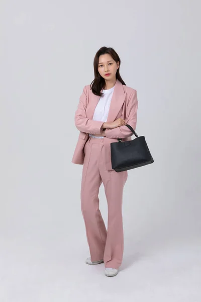Business Concept Korean Young Woman Holding Handbag Studio Shot — Stock Photo, Image