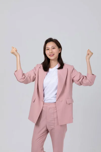 Business Concept Korean Young Woman Hand Motion Studio Shot — Stock Photo, Image