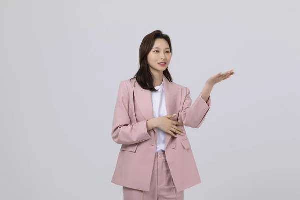Business Concept Korean Young Woman Gesture Studio Shot — Stock Photo, Image