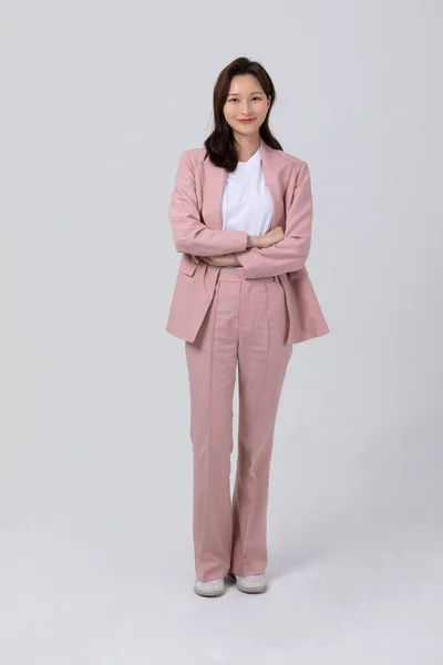 Бізнес Концепція Корейської Молодої Жінки Стоячи Студійний Знімок — стокове фото