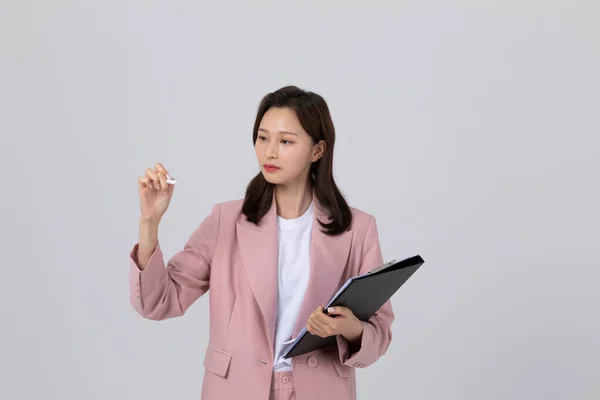 Business Concept Korean Young Woman Holding Tablet Studio Shot — Stock Photo, Image