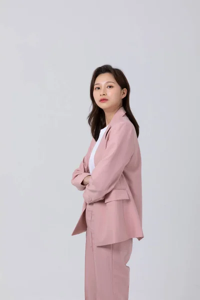 Concepto Negocio Mujer Joven Coreana Pie Plano Estudio — Foto de Stock