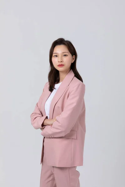 Concepto Negocio Mujer Joven Coreana Pie Plano Estudio — Foto de Stock