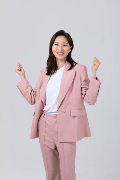 Business Concept Korean Young Woman Pleased Studio Shot — Stock Photo, Image