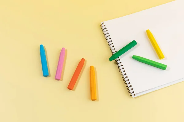 School Supplies Diary Concept Sketchbook Crayons — Stock Photo, Image