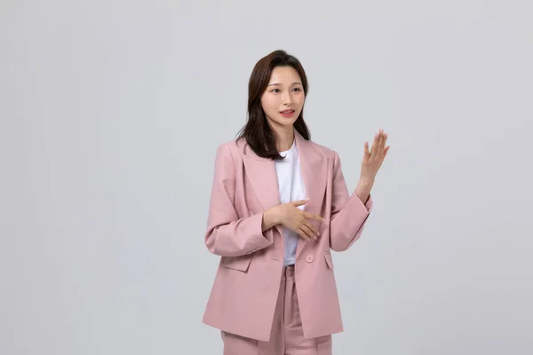Affärsidé Koreansk Ung Kvinna Presentation Studio Skott — Stockfoto