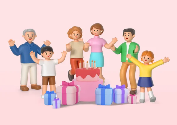 Family Character Celebrating Holiday Birthday Gifts Cake — Stock Photo, Image