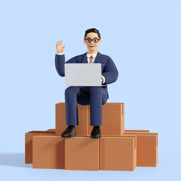 箱の上に座っている3Dビジネス男性キャラクター — ストック写真