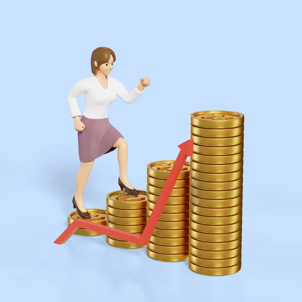 Business Female Character Coin Walking Target — Stock Photo, Image