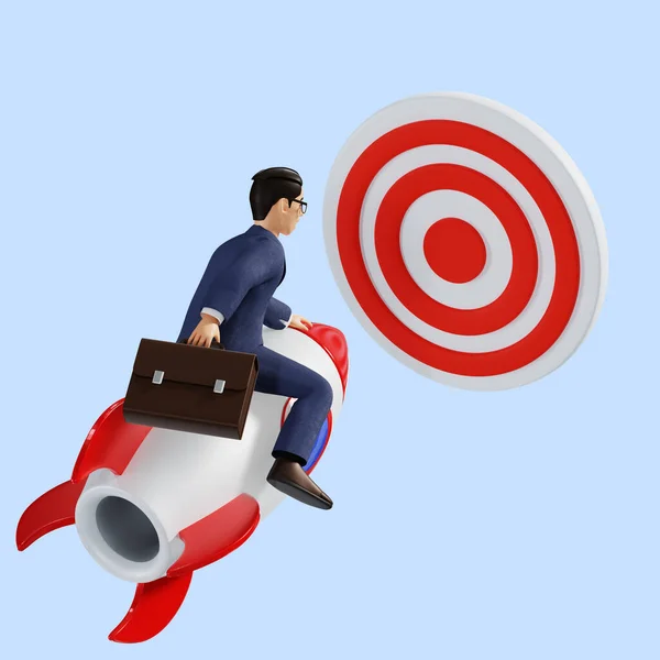 Business Male Character Rocket Flying Target — Stock Photo, Image