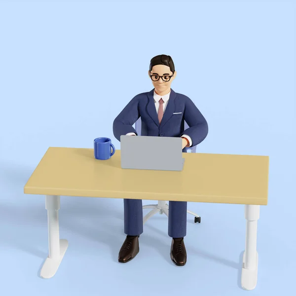 3Dビジネス男性キャラクターワークデスクに座って — ストック写真
