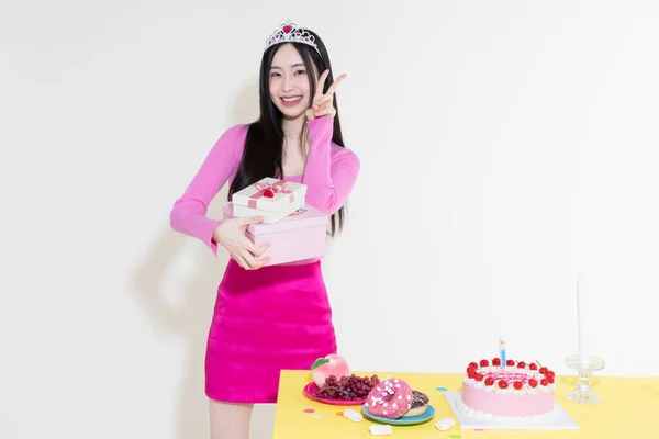 Rocznik Y2K Różowy Retro Koncepcja Zdjęcie Koreański Azji Słodkie Kobieta — Zdjęcie stockowe