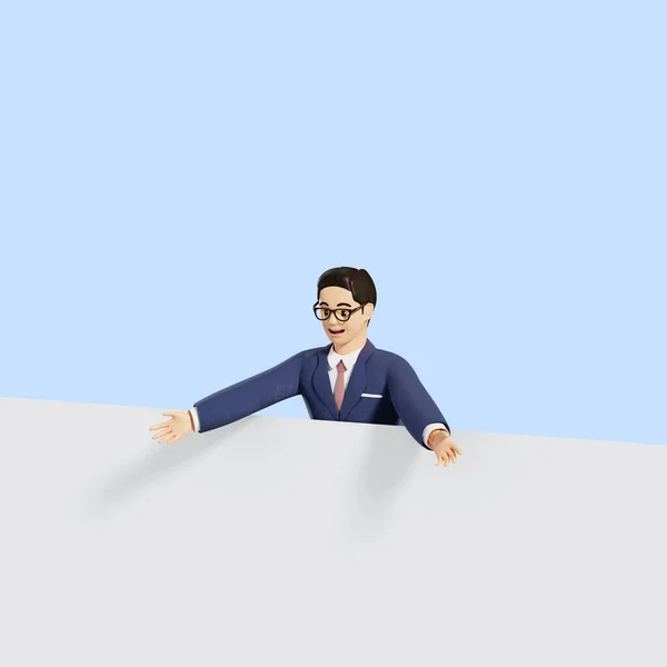 3D business male character on copyspace banner