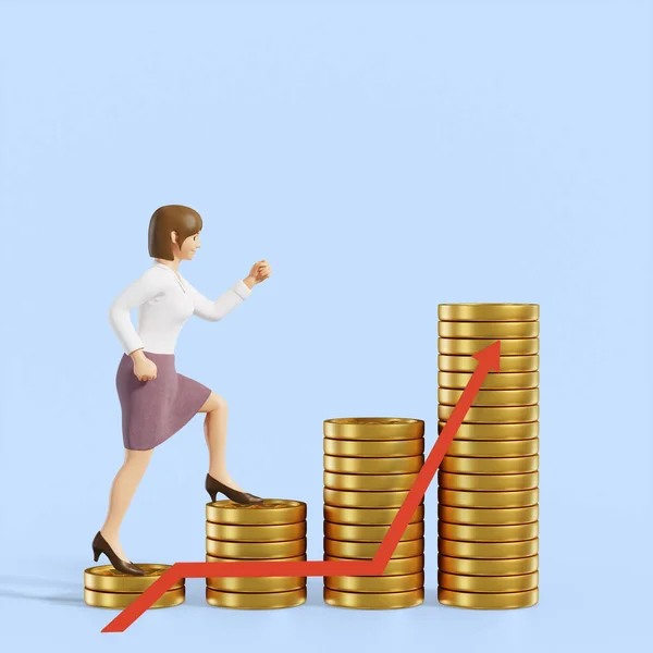 Business Female Character Coin Walking Target — Stock Photo, Image