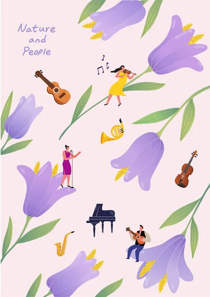 Wiosenne Tło Kwiat Małymi Postaciami Ludzi Słuchających Muzyki Wektor Ilustracji — Wektor stockowy