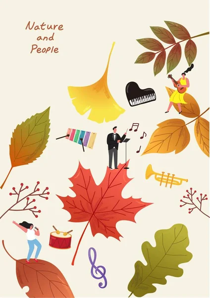 Herfst Bladeren Achtergrond Met Mensen Enjoyyiong Muziek Vector Illustratie — Stockvector