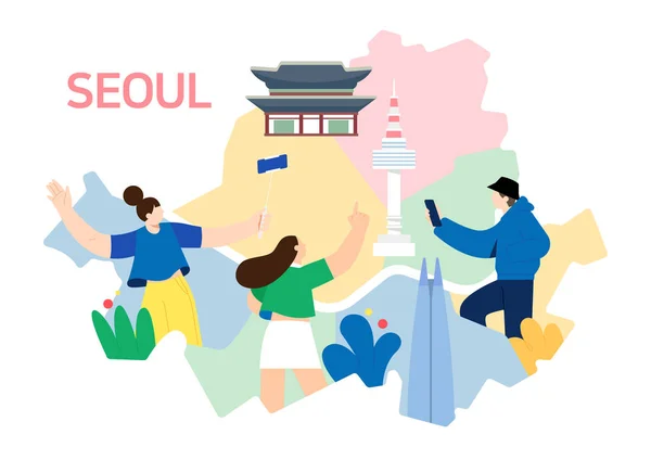 Seul Kore Haritası Seyahat Eden Insanların Vektör Çizimi — Stok Vektör