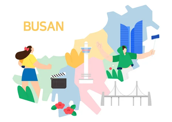 Karte Von Busan Korea Und Zeichnung Von Fahrenden Menschen Vektorillustration — Stockvektor
