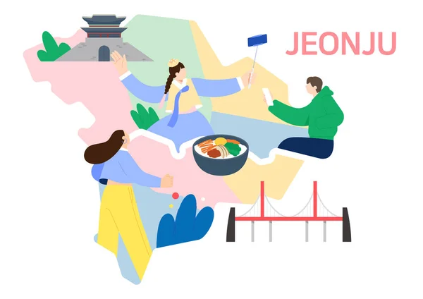 Karte Von Jeonju Korea Und Zeichnung Von Fahrenden Menschen Vektorillustration — Stockvektor