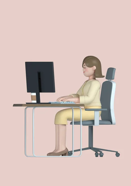 创业概念3D商业女性角色 坐在办公桌上的概念 — 图库照片