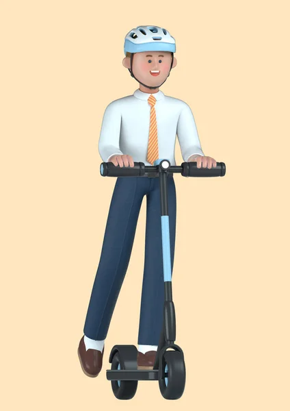 创业概念3D商业男性角色 骑电动车上班 — 图库照片
