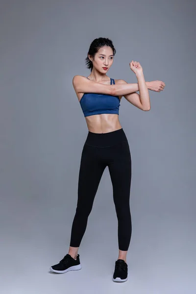 Hälsosam Skönhet Koncept Foto Koreanska Asiatiska Vackra Kvinna Stretching — Stockfoto