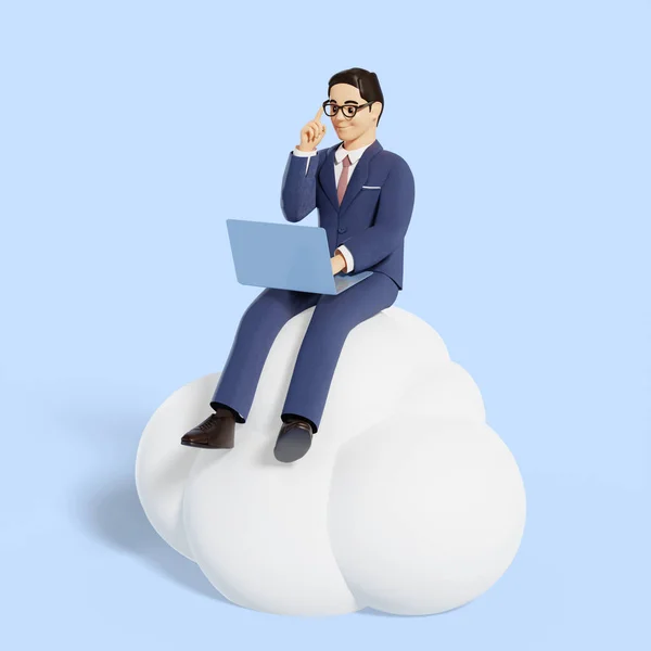 3Dビジネス男性キャラクター 座ってノートパソコンのコンセプトを使用して — ストック写真