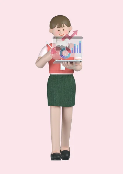 スタートアップコンセプト3Dビジネスウーマンキャラクターチャート分析コンセプト — ストック写真