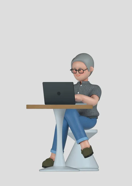 スタートアップコンセプト3Dビジネス男性キャラクター ラップトップに座って作業する — ストック写真