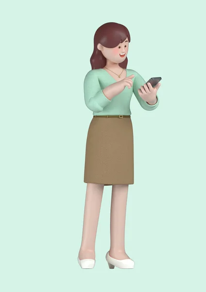 スタートアップコンセプト3Dビジネスウーマンキャラクタースマートフォンのコンセプトを持ち — ストック写真