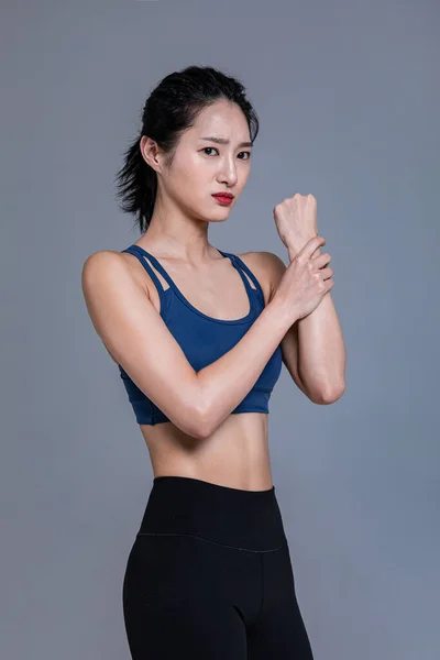 Healthy Beauty Concept Photo Korean Asian Beautiful Woman Feeling Wrist — Stock Photo, Image