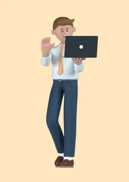 Conceito Inicialização Personagem Masculino Negócios Segurando Laptop Tendo Uma Videoconferência — Fotografia de Stock