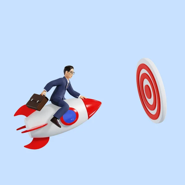 火箭上的3D商业男主角 飞向目标概念 — 图库照片