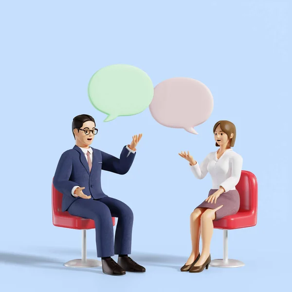 3D business man and woman character talking to each other concept