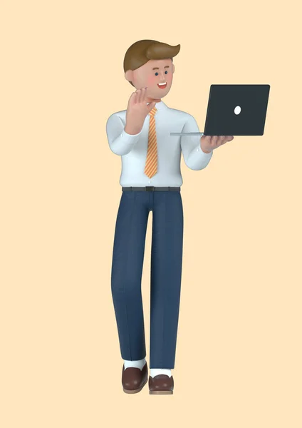 Startup Concept Business Male Character Holding Laptop Having Video Conferencing — Stock Photo, Image