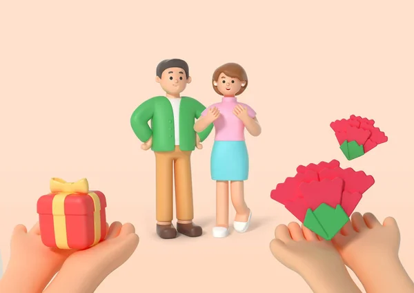 Familienfiguren Feiern Elterntag Mit Geschenken Und Blumenkonzept — Stockfoto