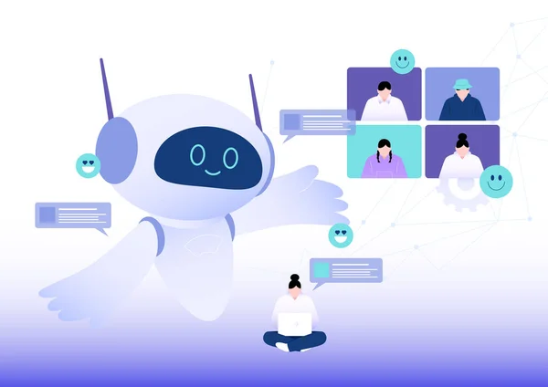 Artificial Intelligence Robot Guiding Online Meeting — Stock Vector