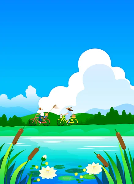 夏天风景的背景 一家人骑自行车去野餐 — 图库矢量图片