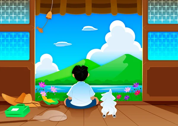 夏日风景的背景 小狗和一个男孩在宁静的乡间 — 图库矢量图片