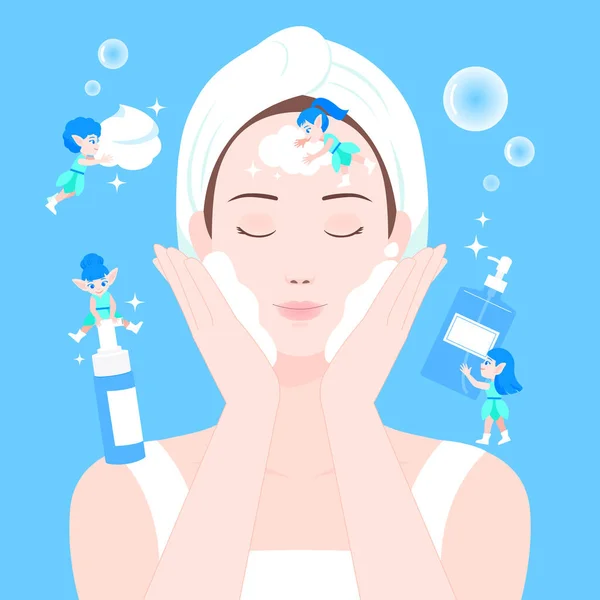 Fairy Skin Care Concept Woman Cleansing — Stock Vector