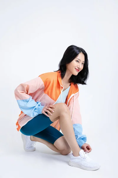 Healthy Beauty Concept Photo Korean Asian Beautiful Woman Tying Shoelaces — Stock Photo, Image