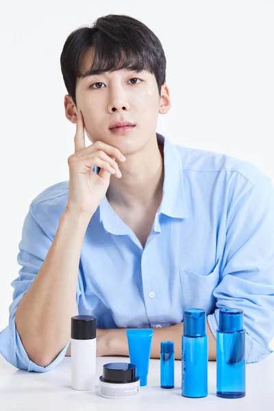 Korean Asian Young Man Sitting Front Vanity — Stock Photo, Image