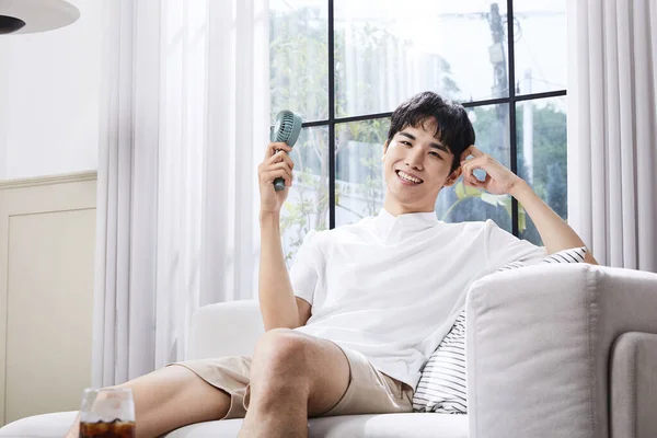 Summer Lifestyle Korean Asian Young Man Handheld Fan — Stock Photo, Image