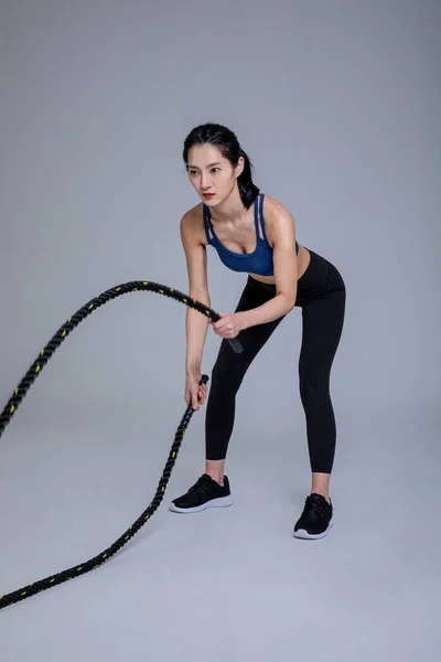 Healthy Beauty Concept Photo Korean Asian Beautiful Woman Battling Ropes — Stock Photo, Image