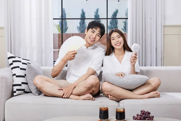 Summer Lifestyle Korean Asian Young Couple Fan Handheld Fan —  Fotos de Stock